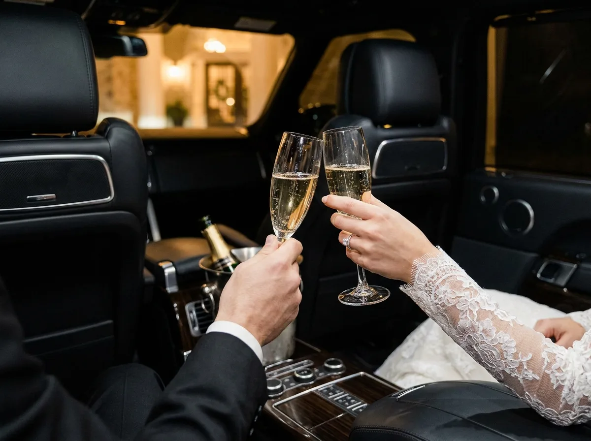 Two champagne flutes touching in the back seat