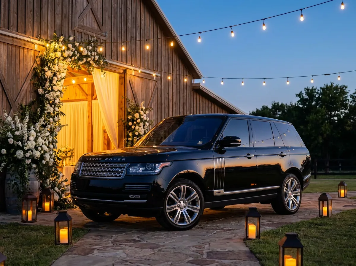 The black Range Rover SV Autobiography waiting at a barn venue's doors at dusk