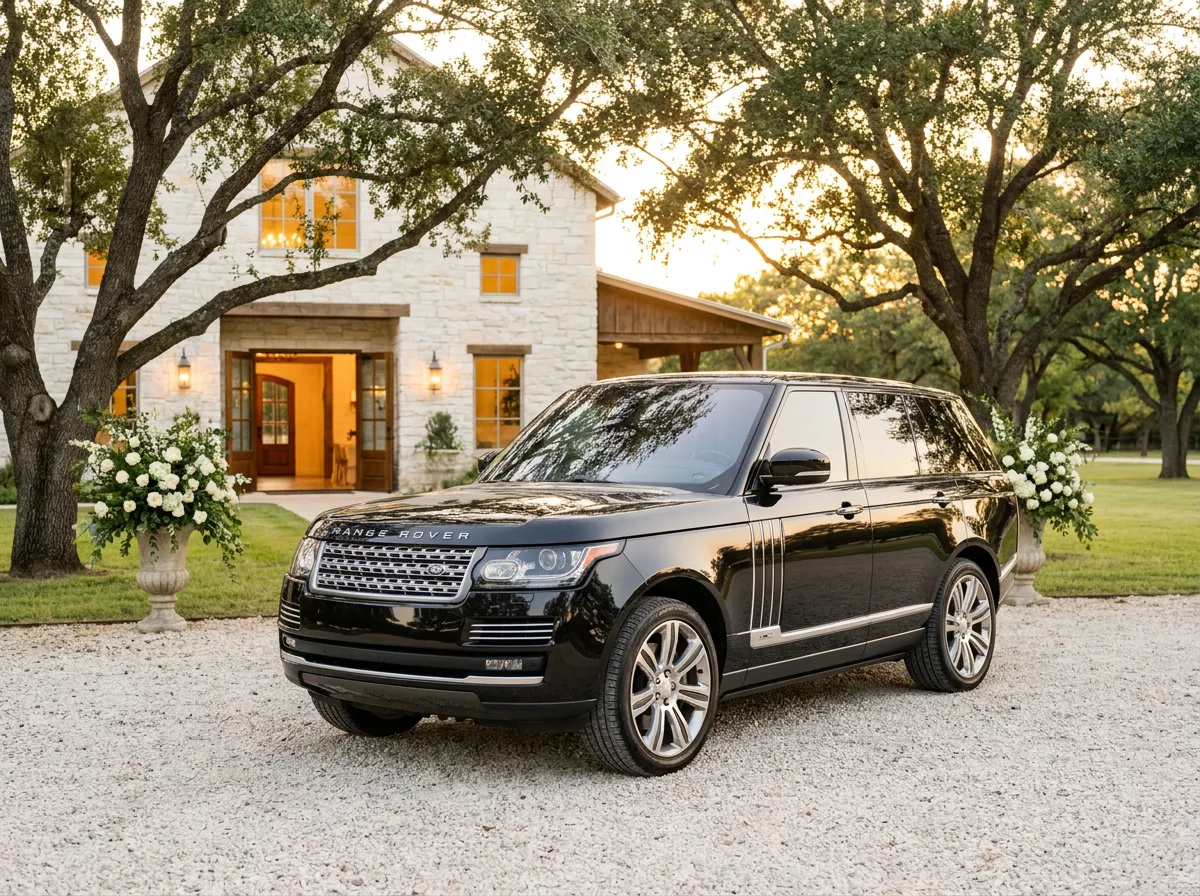 The SV parked at a stone estate venue at golden hour
