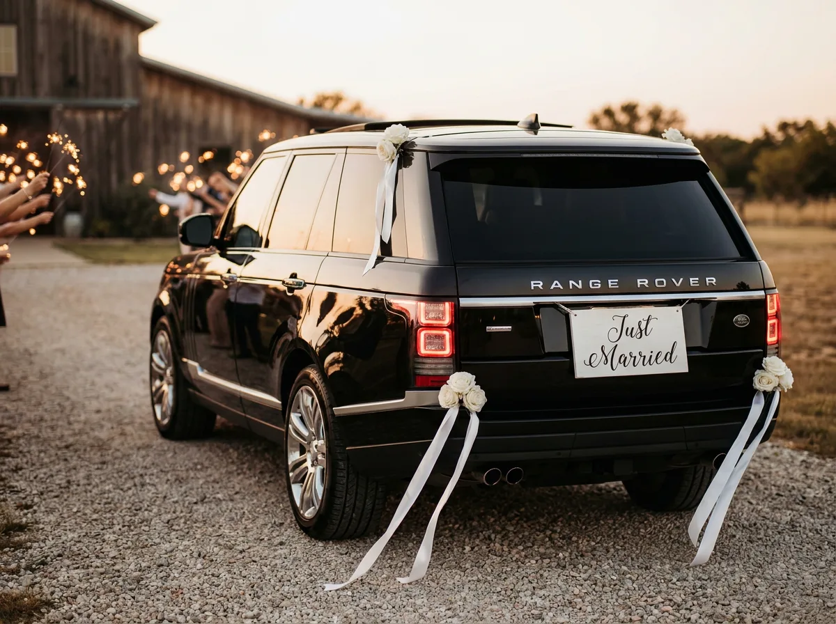 A Just Married sign and ribbons on the back of the SV