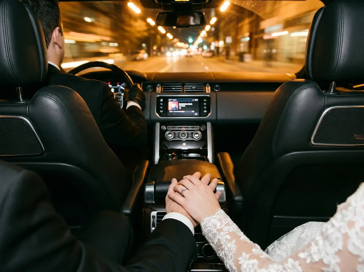 The couple's hands on the armrest, music on the screen, on the drive